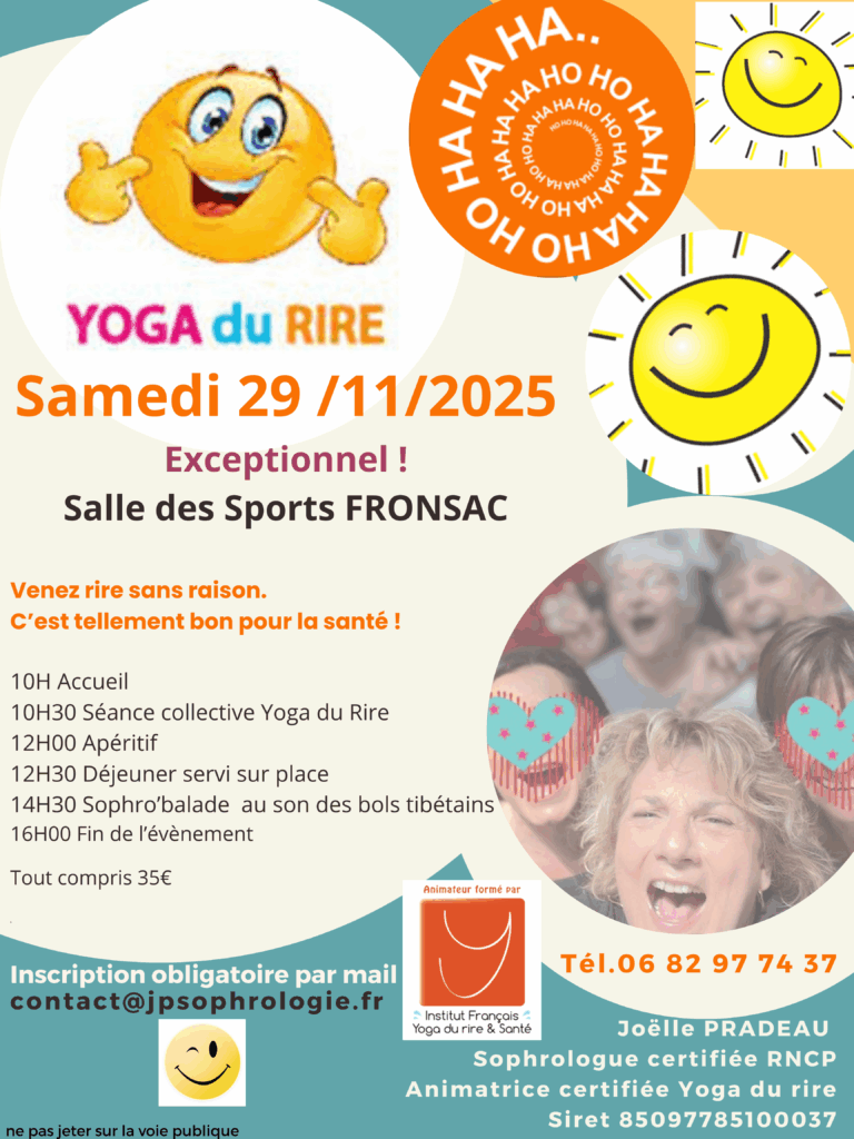 flyer de l'évènement organisé par Joëlle Pradeau, de sophrologie et yoga du rire le samedi 29 novembre 2025 à Fronsac